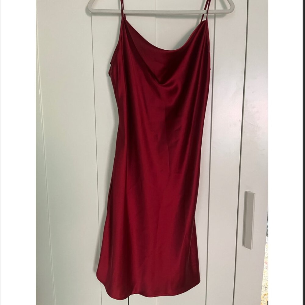 Red cowl-neck satin dress
